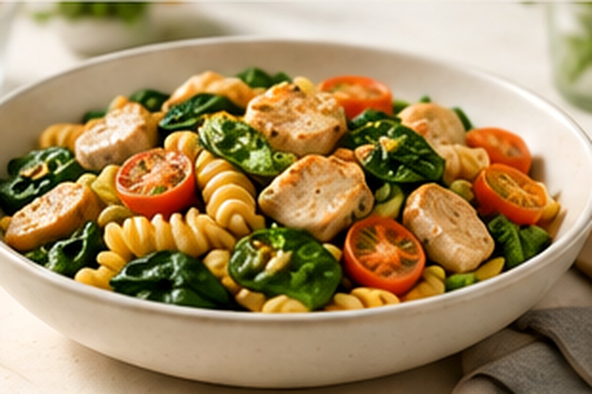 Family-style pasta with vegetables and chicken